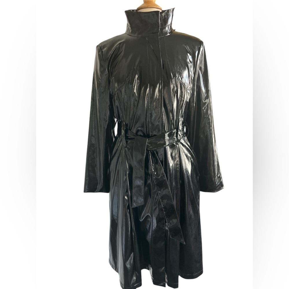 Calvin Klein Black High Shine Patent Faux Leather Trench Coat w/pockets Size M - Picture 3 of 17